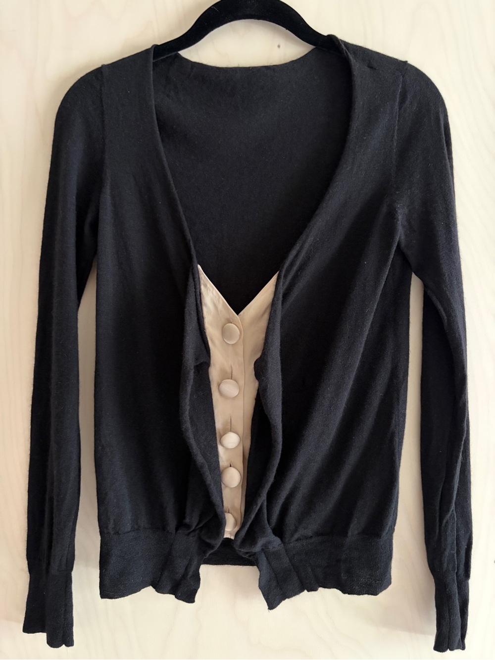 3.1 Phillip Lim Black Cardigan with Ballet Pink Satin Trompe L’oeil Placket